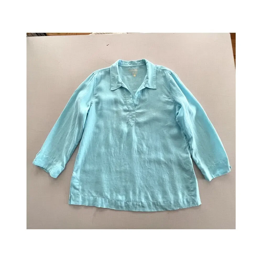 Lilly Pulitzer Sz L Pop Over Tunic Top Blue Linen Preppy Breathable Beach Resort